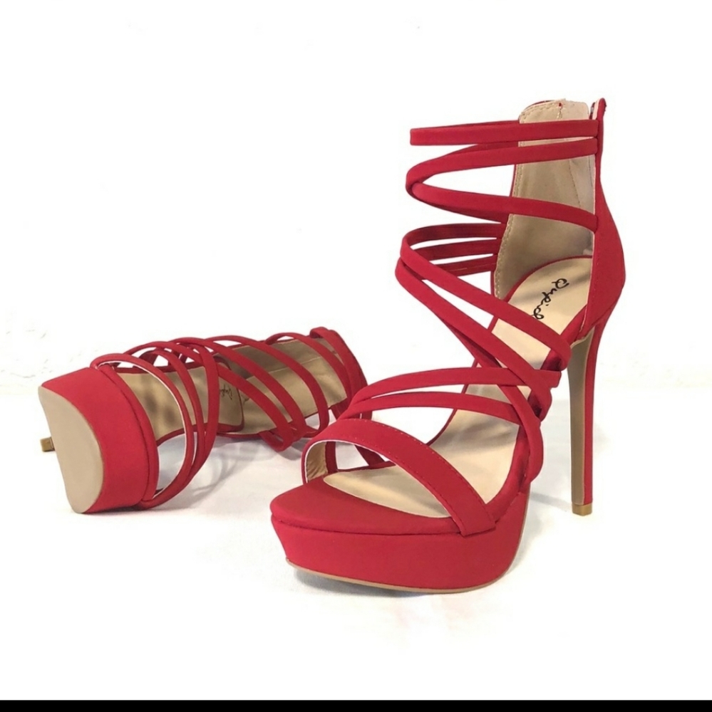 Qupid Red Platform Strappy Heels